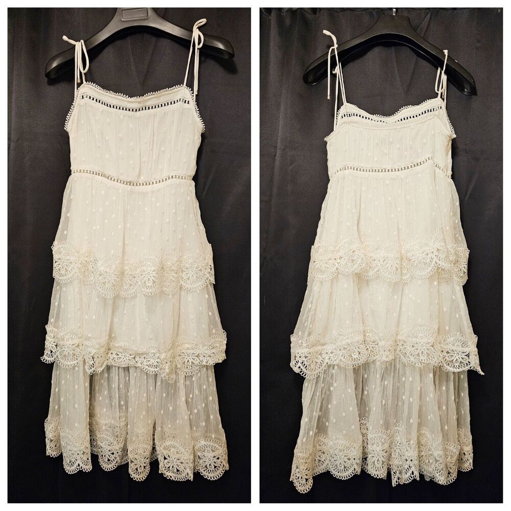 Few Moda White Lace Crochet Tiered Layered Tie Straps Romantic Dress Small